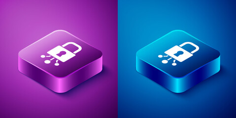 Isometric Cyber security icon isolated on blue and purple background. Closed padlock on digital circuit board. Safety concept. Digital data protection. Square button. Vector.