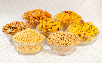 Group of Indian Traditional Spicy And Sweet Namkeen Food