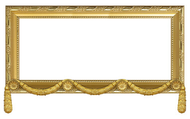 Panoramic golden frame for paintings, mirrors or photo isolated on white background. Design element with clipping path