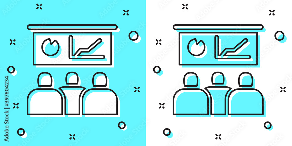 Poster black line training, presentation icon isolated on green and white background. random dynamic shapes