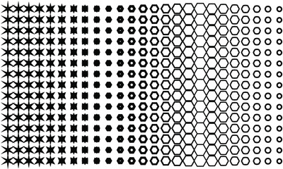seamless pattern with dots, transforming pattern, black seamless flat cover design element. Hexagons, dots and stars.