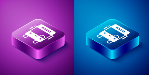 Isometric Bus icon isolated on blue and purple background. Transportation concept. Bus tour transport sign. Tourism or public vehicle symbol. Square button. Vector.