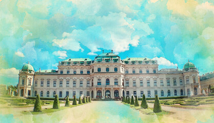 Watercolor pattern of Vienna Belvedere Palace colorful illustration