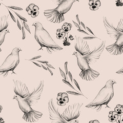 Watercolor seamless pattern of dove bird.
