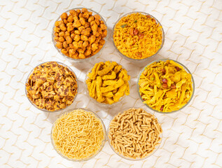 Group of Indian Traditional Spicy And Sweet Namkeen Food