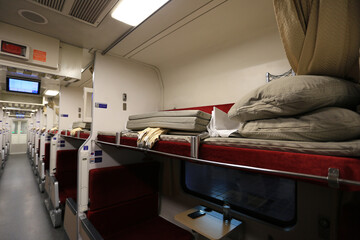 Selective focus of Thai new express train with air conditioned for overnight travel, sleeper train from nong khai to bangkok