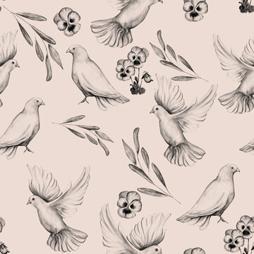 Watercolor seamless pattern of dove bird. © NATALIIA TOSUN