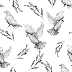 Watercolor seamless pattern of dove bird.