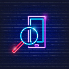 Neon mobile phone icon and search symbol. SEO and analysis concept.