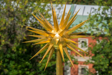 Symbolic spheres with spikes on the roof of the belfry in the Yaroslavl Kremlin