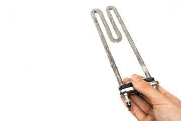 Holding Descaling turbular electric heating element for washing machine in hand on white background with space for text. Copy space
