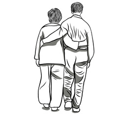Aging Society concept.Couple senior elderly,hand in hand and take care of each other on over white background.Creative with illustration in flat design.
