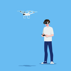 Young handsome man character wear vr glasses controlling a drone multi-copter with camera by wireless remote. The new modern technology device concept.