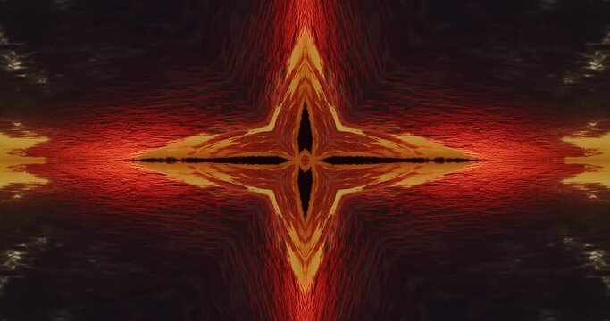 Flaming hues flow inward in abstract cross on dark background