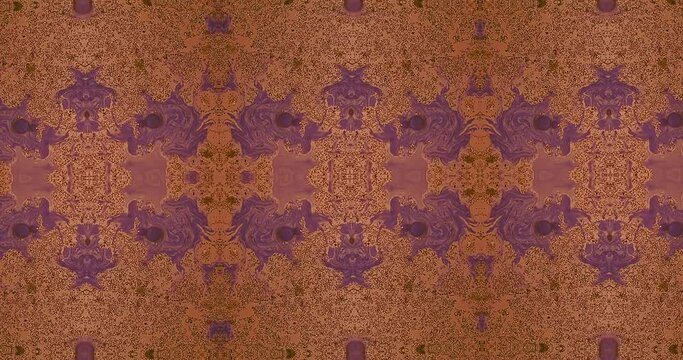 Trippy Rorschach pattern of purple ink drops in orange liquid, abstract