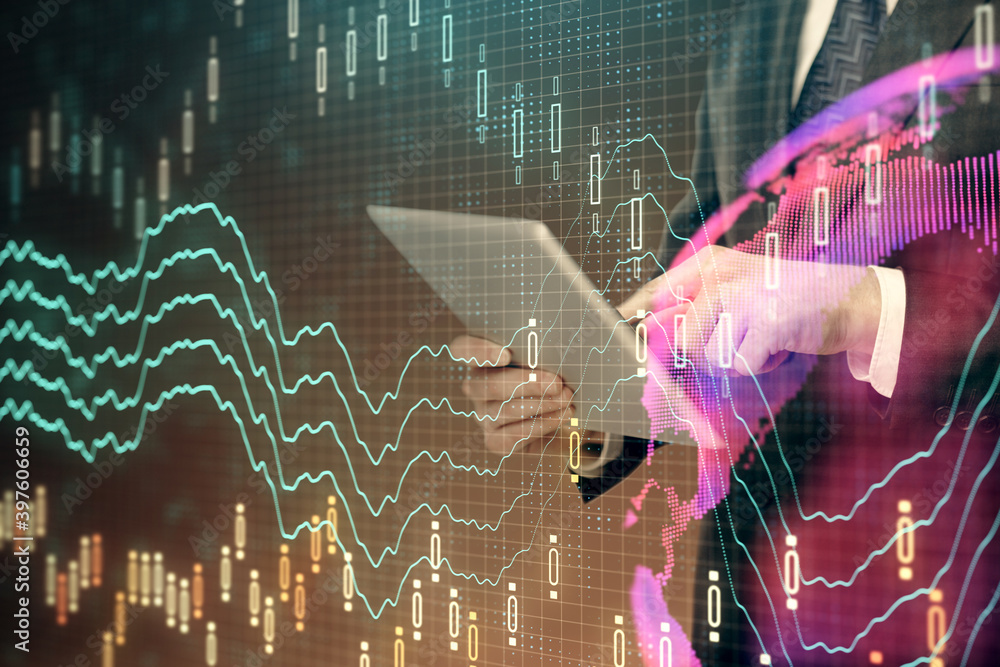 Poster double exposure of man's hands holding and using a digital device and forex graph drawing. financial