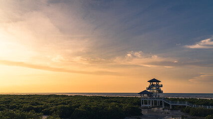 sunset over the sea and bird washing tower 