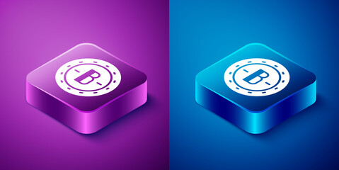 Isometric Cryptocurrency coin Bitcoin icon isolated on blue and purple background. Physical bit coin. Blockchain based secure crypto currency. Square button. Vector.