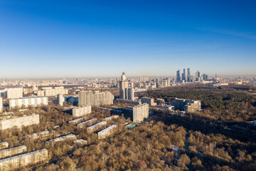 panoramic view of cityscape from drone on frosty sunny day