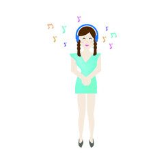 Vector illustration A woman in a blue dress listening to music, resting on vacation.