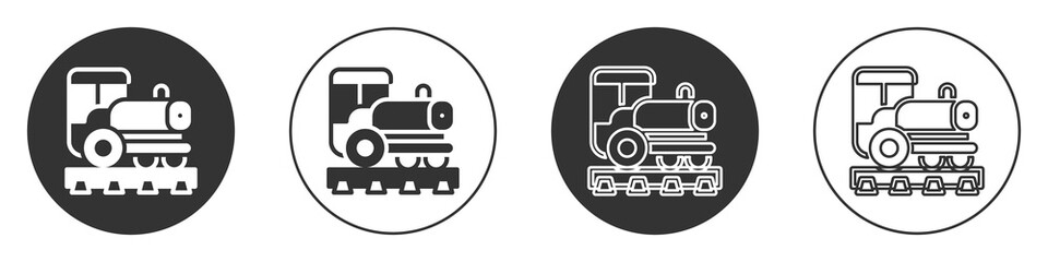 Black Vintage locomotive icon isolated on white background. Steam locomotive. Circle button. Vector.