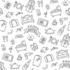 Hotel services hand drawn pattern. Bed, bath, safe, breakfast, bathrobe and other objects. Vector illustration in doodle style on white background