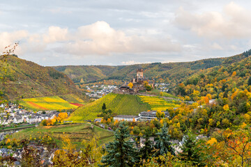 View of Reichsburg with beautiful autumn surrounding, Cochem, Rhineland-Palatinate, Germany