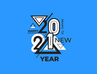 2021 Happy New Year logo text design geometric theme triangles blue background