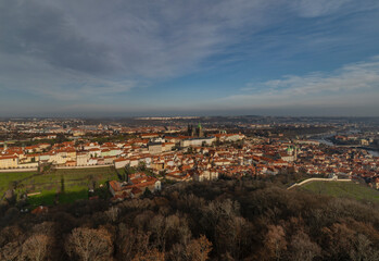 Prague from Petrin tower in autumn sunny color day