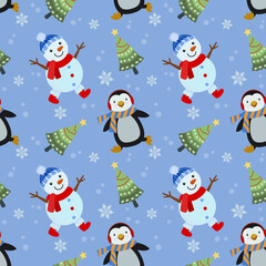 Cute snowman, penguin with Christmas tree seamless pattern.