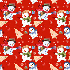 Cute snowman with gift and Christmas tree on red background pattern.