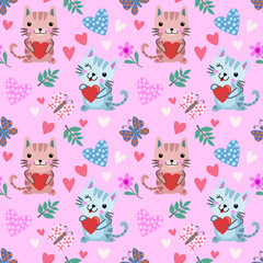Cute cartoon cat and butterfly with heart shape seamless pattern.