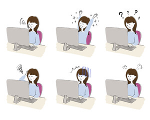 パソコン　おしゃれでかわいい女性　表情バリエーションのセット