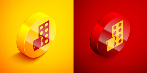 Isometric Pills in blister pack icon isolated on orange and red background. Medical drug package for tablet, vitamin, antibiotic, aspirin. Circle button. Vector.