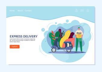 Courier with scooter holding in hand parcel ready for fast delivery to the recipient. Online delivery service concept. Vector illustration for landing page with postal parcel, pack, box