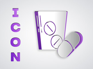 Paper cut Medicine pill or tablet icon isolated on grey background. Capsule pill and drug sign. Pharmacy design. Paper art style. Vector.