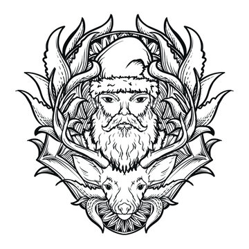 tattoo and t-shirt design black and white hand drawn santa claus with deer engraving ornament premium vector