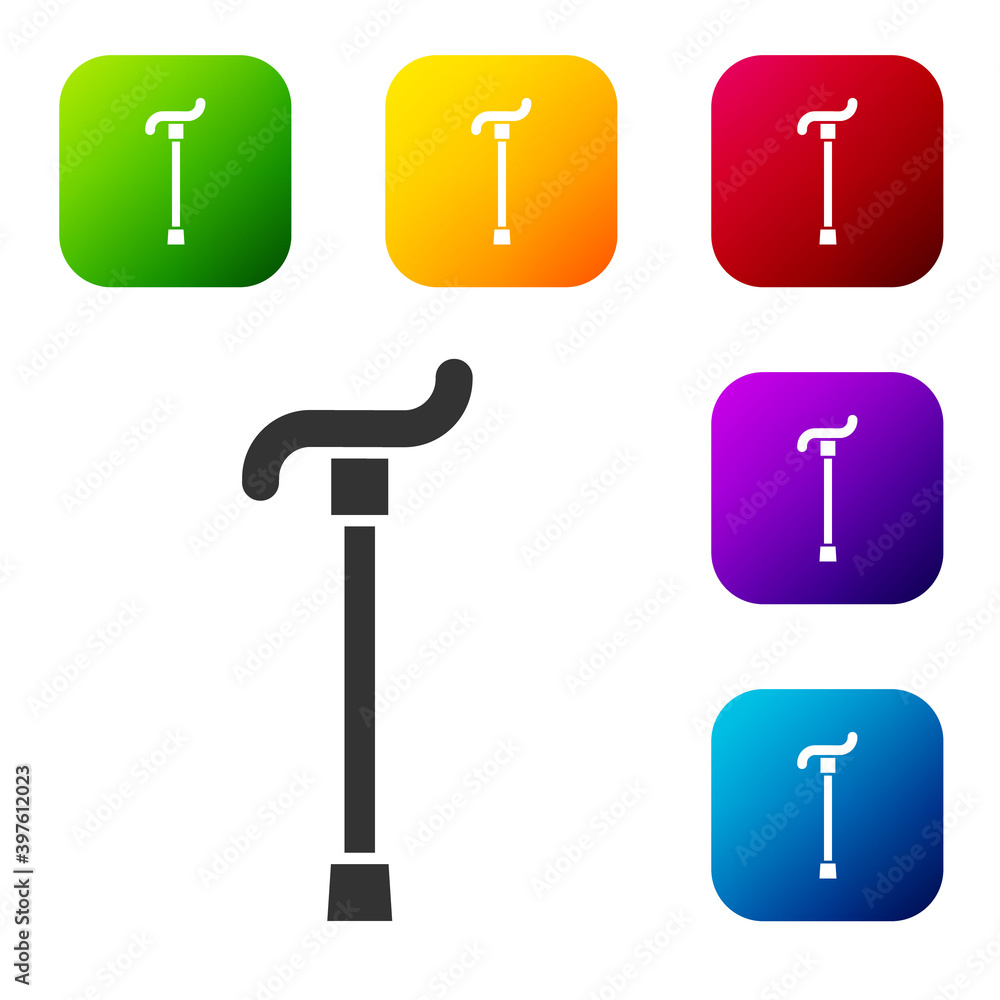 Poster black walking stick cane icon isolated on white background. set icons in color square buttons. vecto