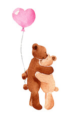 Watercolor illustration of bears in love with pink balloon shaped hearts for valentines day