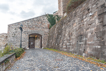 Walls at the foot of the Royal Palace in autumn, in Budapest, Hungary.