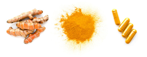 Three kinds of dry organic turmeric or curcumin product consistetd of fresh root, powder, and contained in capsule pacakges, isolated on white background