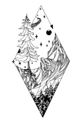 Vector tattoo hand drawn illustration of forest and mountains with stars  line art trees in snow 