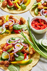 chicken street corn tacos with veggies and salsa