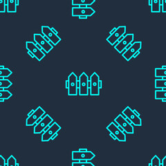 Green line Garden fence wooden icon isolated seamless pattern on blue background. Vector Illustration.