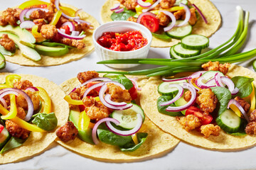 chicken street corn tacos with veggies and salsa