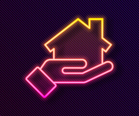 Glowing neon line Realtor icon isolated on black background. Buying house. Vector Illustration.