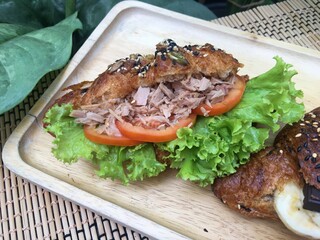 Tuna salad croissant and dark chocolate banana croissant