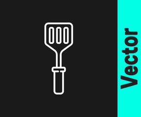 White line Spatula icon isolated on black background. Kitchen spatula icon. BBQ spatula sign. Barbecue and grill tool. Vector Illustration.