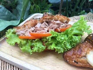Tuna salad croissant and dark chocolate banana croissant