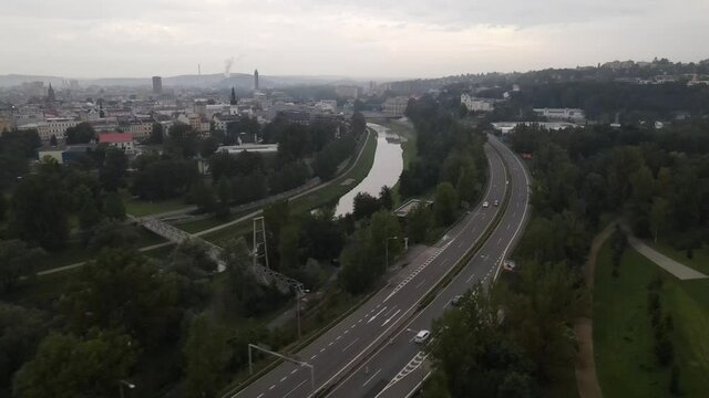 Panoramic aerial view of summer landscape of Czech city of Ostrava on a cloudy day, Moravian-Silesian Region